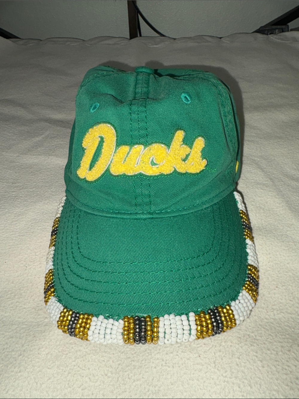Zephyr Green U of O AdulHat with Yellow 'Ducks' Embroidery and Beaded Brim #0030